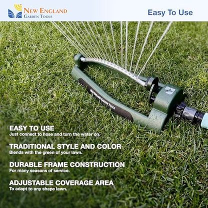 Oscillating Sprinkler 100006, Adjustable Pattern to Cover Up to 2,695 Square Feet, 17 Brass Nozzles on Metal Tube for Even Lawn Watering, by New England Garden Tools