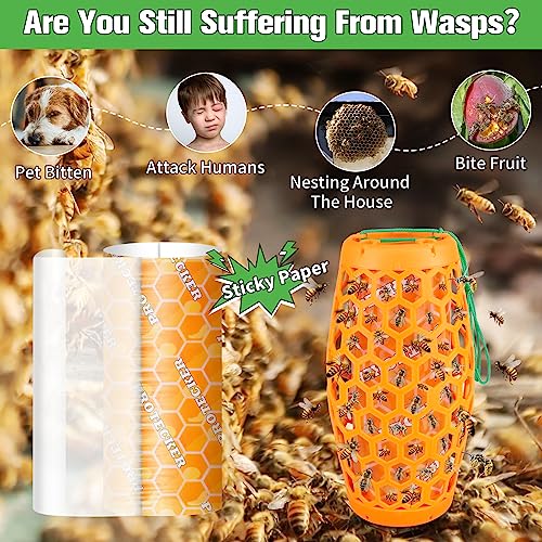 Wasp Trap & Sticky Pads Bundle – 2 Pack Hanging Wasp Trap with 12 Refill Glue Boards for Outdoor Use (Orange)