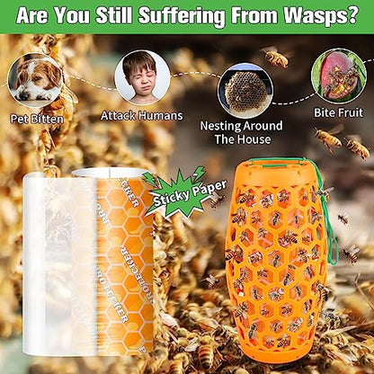 Wasp Trap & Sticky Pads Bundle – 2 Pack Hanging Wasp Trap with 12 Refill Glue Boards for Outdoor Use (Orange)