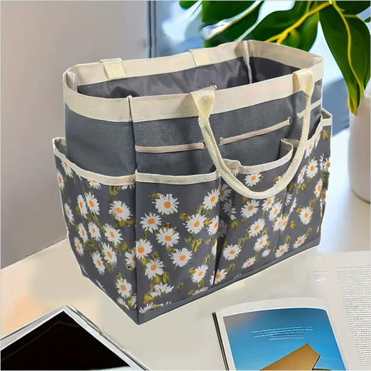 Garden Tool Caddy,Gardening Tote Bag Multi-Pocket,Garden Caddy Garden Bags for Tools Organizer(Daisy Gray Background)