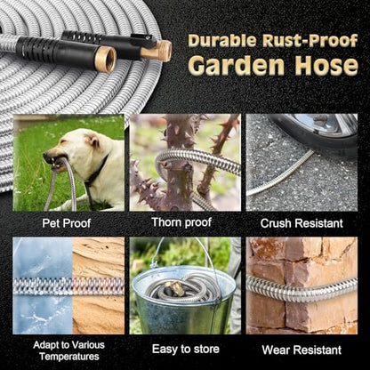 Metal Garden Hose 75FT Stainless Steel Heavy Duty Flexible Lightweight Water Hoses Pipe with 10-Function Spray Nozzle and 3/4" Solid Brass Fittings No Kink Durable for Outdoor Yard & Lawn - size: 75FT