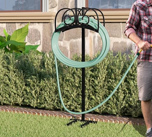 Garden Hose Holder Stand with 4 Spikes, Heavy Duty, Holds 150ft