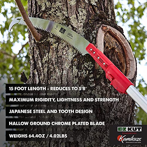 EZ Kut Kamikaze 15′ Extendable Tree Trimmer Pole Saw - Branch Cutter with Single Hook Pole Saw Blade for Branch Removal - Best Pole Saws for Tree Trimming. Tree pruner pole saw since 1988 - size: 15 ft