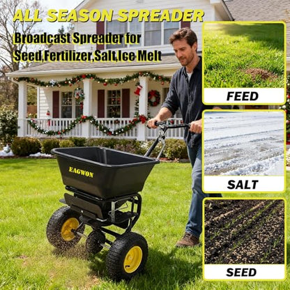 Fertilizer Spreader, Walk-Behind Push Broadcast Spreader - All Season, 100lb Capacity, 13in All-Terrain Pneumatic Tires, Grate/Cover/Enclosed Gearbox, for Seed/Fertilizer/Salt/Snow Melt