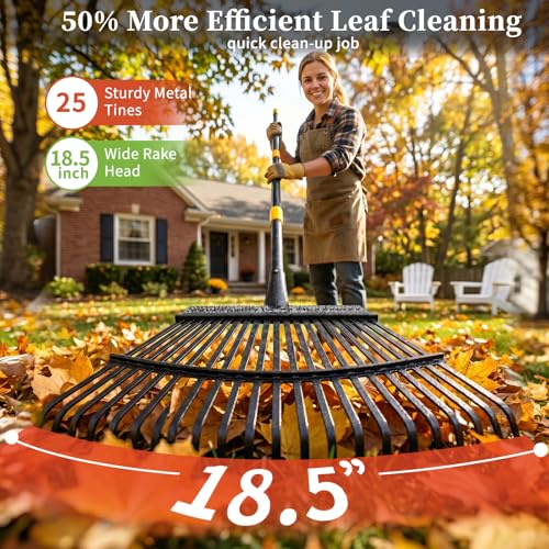 Rake for Leaves Heavy Duty, Large Garden Leaf Rakes for Lawns, 65 Inch Gardening Rake with Back-Saving Long Handle, 18.5” Wide 25 Tines Head for Quick Cleanup Yard Grass Clippings, Anti-Rust - size: 5 ft Rake