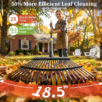 Rake for Leaves Heavy Duty, Large Garden Leaf Rakes for Lawns, 65 Inch Gardening Rake with Back-Saving Long Handle, 18.5” Wide 25 Tines Head for Quick Cleanup Yard Grass Clippings, Anti-Rust - size: 5 ft Rake