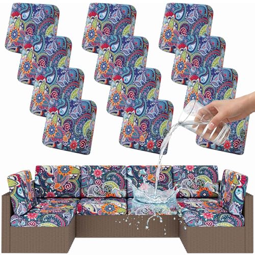 Smiry Waterproof Patio Cushion Covers, Stretch Outdoor Furniture Covers - color: Blue Green, size: 12PCS