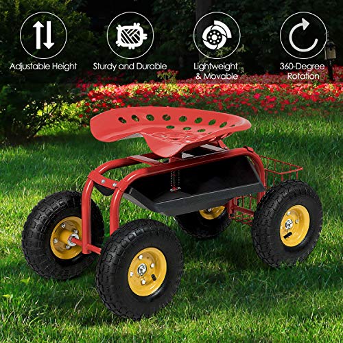 IRONMAX Garden Cart with Seat, Heavy Duty Gardening Work Stools w/Height Adjustable Seat & 10’’ Large Wheels, Rolling Garden Scooter for Outdoor Lawn Yard Planting (Red)