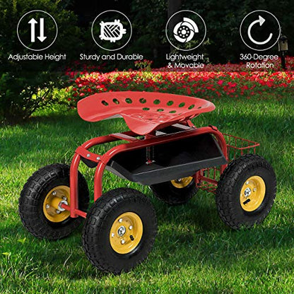 IRONMAX Garden Cart with Seat, Heavy Duty Gardening Work Stools w/Height Adjustable Seat & 10’’ Large Wheels, Rolling Garden Scooter for Outdoor Lawn Yard Planting (Red)