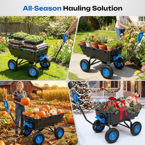 Autodaya Garden Dump Cart, Heavy Duty 1400LBS Wheelbarrow Wagon with Hitch - color: 1400|black+blue