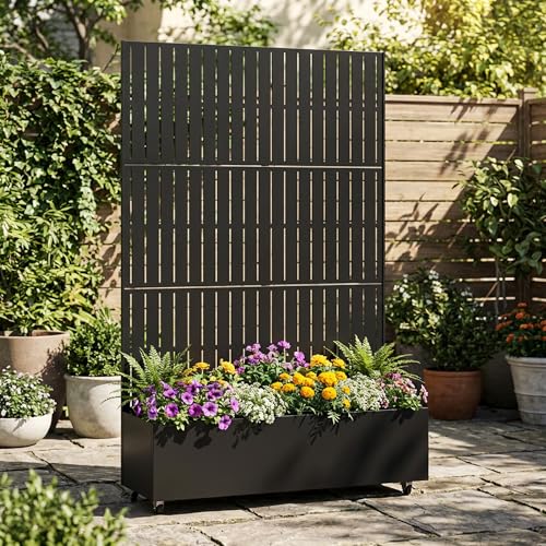 Metal Raised Garden Bed with Trellis and Wheels, 71"x47"x16" Planter Box with Privacy Screen & Drainage Holes, Mobile Outdoor Garden Bed for Climbing Plants, Vegetables, Flowers (Black-Fence) - color: Black-fence, size: 71"x47"x16"