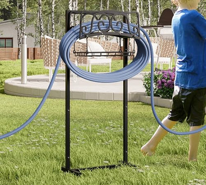 Kingson Water Hose Holder Freestanding, Garden Hose Holder Holds 150-Feet Hose, Heavy Duty Steel Garden Hose Storage Stand with Detachable Storage Basket for Outside Yard Lawn