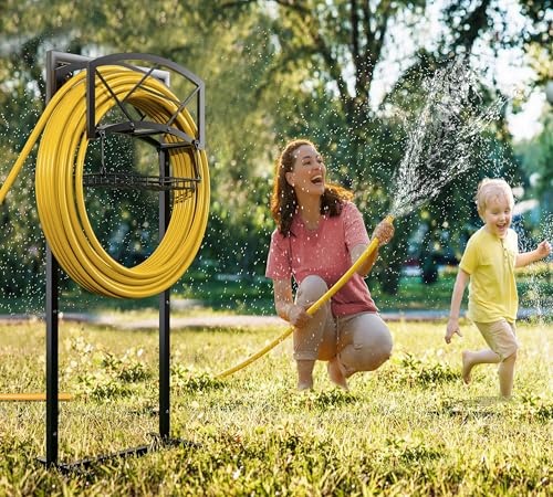 Fire Beauty Heavy-Duty Portable Garden Hose Holder with Storage Basket,80+ lbs Capacity, Modern Geometric Design, Holds 180ft 1/2" Hose,Dual Support Rods & Rustproof Screws - style: Geometric Design