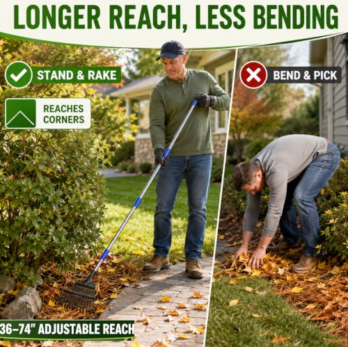Garden Leaf Rake, 8.5" Head, 36-74 " Adjustable Handle, Sturdy Steel Tines - color: silver, size: 11tine