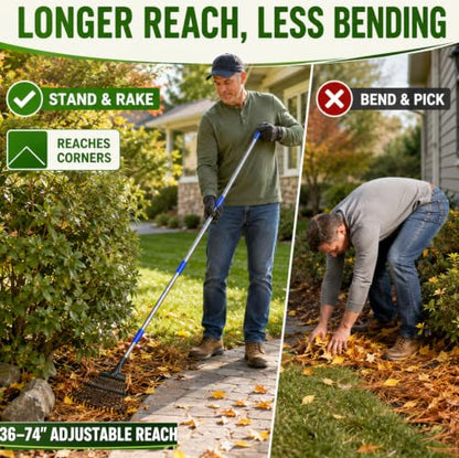 Garden Leaf Rake, 8.5" Head, 36-74 " Adjustable Handle, Sturdy Steel Tines - color: silver, size: 11tine