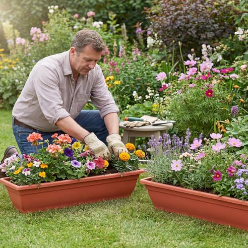 Briwooody 4 Pcs 31.5 Inch Extra Large Window Planter Outdoor with Drainage Holes Rectangle Plastic Window Flower Planter Box for Patio Home Decor, Brick Red