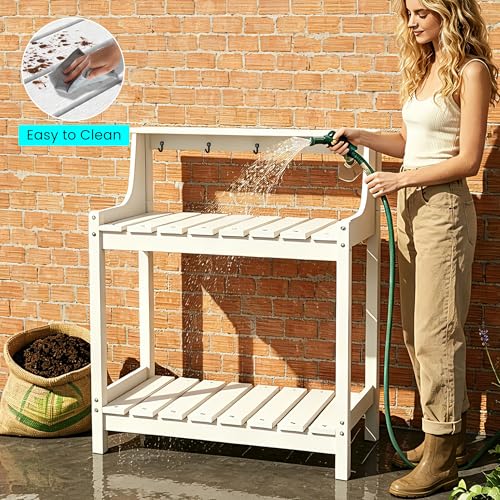Domi 3-Tier Potting Benches for Outside, HDPE Outdoor Potting Table, White - color: White