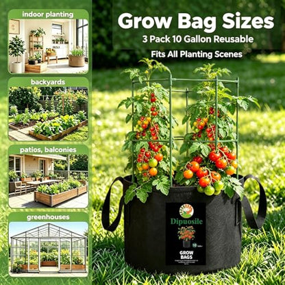 Dipuosile 3-Pack 10 Gallon Grow Bags,300G Aeration Planters Long Handles Veg Strawberry Indoor & Outdoor - size: 10 Gallons
