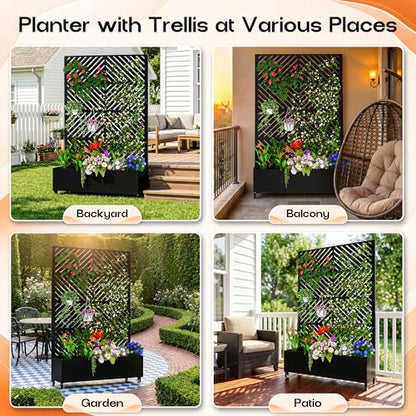 MTART Metal Planter Box with Trellis, 72"x47"x16" Outdoor Galvanized Raised Garden Bed with Privacy Screen & Drainage Holes & Lockable Casters for Climbing Plants, Vegetable, Vines (Black-Arrow) - color: Black-arrow