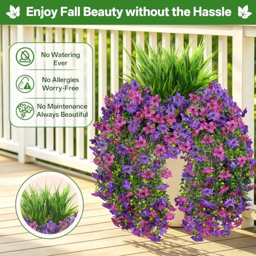 7PCS Artificial Fall Hanging Flowers for Outdoor, Six-Petaled Faux Mums - color: Purple