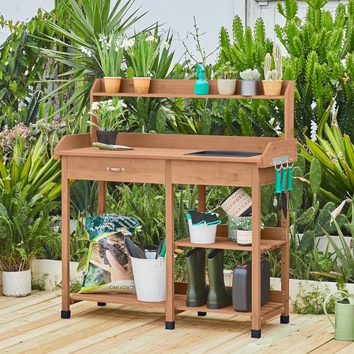 Yaheetech Potting Bench with Sink & Drawer, Outdoor Gardening Table, Brown - color: Brown