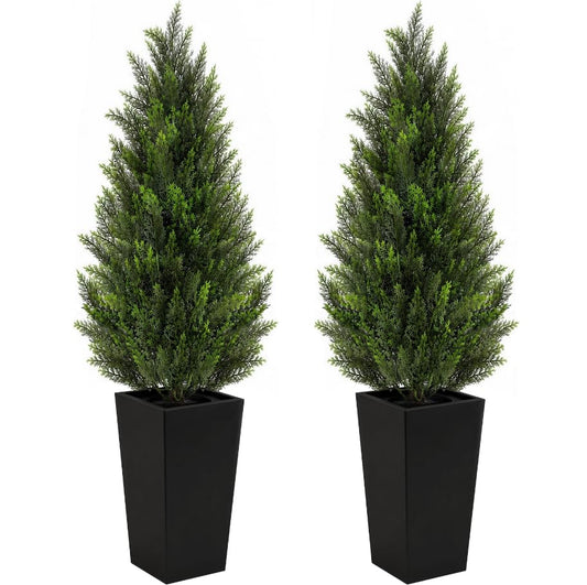 VIVATREES 5FT Artificial Cedar Topiary Trees 2 Pack, Realistic Faux Cypress Trees with Square Black Planter Pot, UV Resistant Outdoor Evergreen Plants for Front Porch Patio Garden Home Decor - size: 5ft