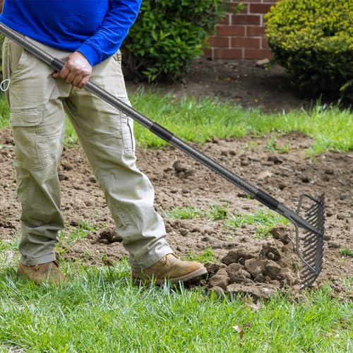 77'' Bow Rake ，17 Tines Metal Head Rakes with Stainless Steel Handle，Heavy Duty Garden Rake for Loosening Soil Gathering Leaf Leveling Lawn Farming Land Management Yarn Thatch Rake - style: 77inch