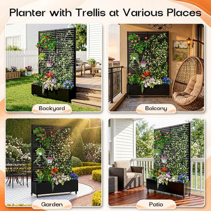 MTART Metal Planter Box with Trellis Outdoor, 72"x47"x16" Galvanized Raised Garden Bed with Privacy Screen & Drainage Holes & Lockable Casters for Climbing Plants, Vegetable, Vines (Louvered-Black1) - color: Louvered-black1