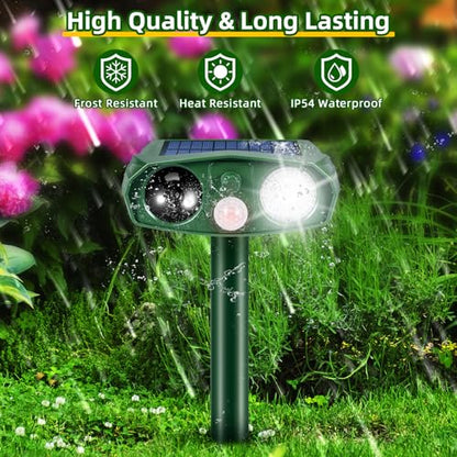 Solar Animal Repellent Outdoor, Ultrasonic Garden Deterrent with Motion Sensor for Cats Squirrels and Rodents, Waterproof Motion Activated Pest Defense Stake for Yard, 110° PIR Wide Angle