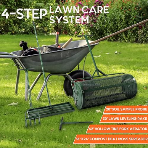 4Pcs Lawn Care Tool Kit -16”WX24”L Compost and Peat Moss Spreader, 20" Soil Sampler Probe,10”WX42”L Hollow Tine Lawn Aerator,10”DX30”LX75”H Leveling Rake, 4-Step Lawn & Garden Care System