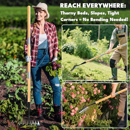 Iron Weeding Rake with Long Handle, 8-Tine Heavy Duty Garden Tool for Lawn - color: Black