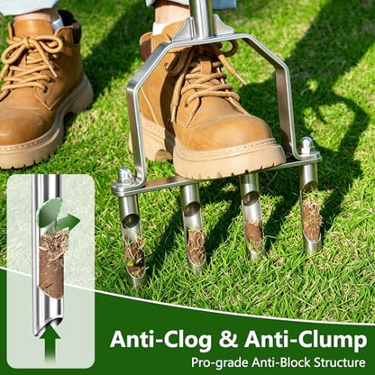 Stainless Steel Aerator Lawn Tool, Manual Core Aerator with 4 Hollow Tines