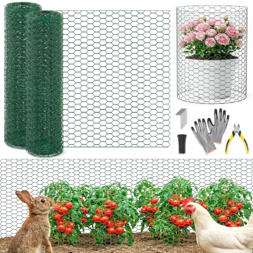 2Roll 13.8x118in Plant Protectors from Animals, Metal Mesh Plant Cages for Outdoor Plants Chicken Wire Cloche Wire Mesh for Garden Fence Kit with Ground Stakes & Nylon Tie,Gloves,Plier(Green) - color: Green