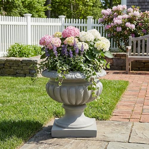 Christopher Knight Home 18.11 Inch Ornate Scrollwork Pedestal Urn Planter MGO Outdoor Flower Pot Faux Stone Garden Planter for Patio Porch Entryway Decor, Gray - color: Gray, Round
