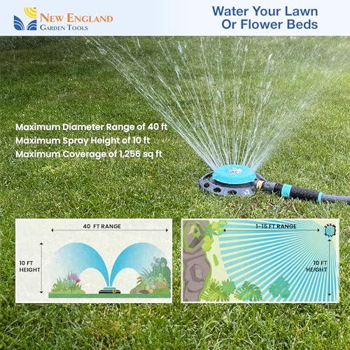 Multi-Pattern Spot Sprinkler 400001 - Adjustable 9 Spray Patterns, Heavy-Duty Metal Base, Decorative Turret Design, Versatile Lawn & Garden Watering, Durable Build by New England Garden Tools