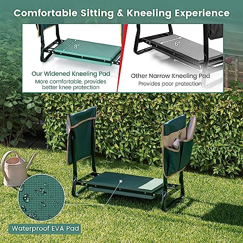 Goplus Garden Kneeler and Seat, Foldable Garden Bench for Kneeling & Sitting, Widened 8" EVA Soft Foam Pad, Heavy-Duty Garden Stool w/ 2 Large Tool Pouches, Gardening Gift for Women Men Seniors - color: Green, style: With 2 Bags