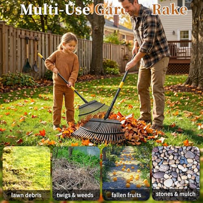 Rake for Leaves Heavy Duty, Large Garden Leaf Rakes for Lawns, 65 Inch Gardening Rake with Back-Saving Long Handle, 18.5” Wide 25 Tines Head for Quick Cleanup Yard Grass Clippings, Anti-Rust - size: 5 ft Rake