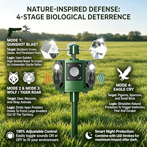Ultrasonic Bird Repeller Outdoor Solar Pigeon Repellent Device with Motion Sensor & Flashing Lights, Bird Deterrent Reflectors to Keep Birds Crows Sparrows Starlings Away from Patio, Garden & Balcony