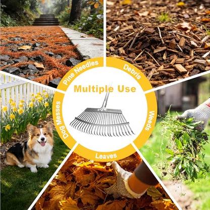 18-Inch Wide Heavy Duty Adjustable Metal Leaf Rake, 62-Inch Long Handle Garden Rake for Lawns, Grass, Flower Beds & Outdoor Yard Cleanup