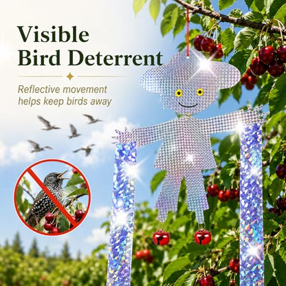 Hanging Bird Scare Reflective Devices, Double-Sided Highly Reflective Bird Deterrents Shiny Scarecrow Shape Reflectors with Bell to Scare Birds Away from Yards, Patios, and Farms (Silver + Red)