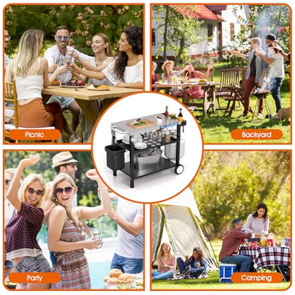 Grill Table, Stainless Steel Grill Cart with Three-Shelf, Movable Pizza Oven Table with Side Tray ＆ Trash Bag Holder, Outdoor Grill Stand with Hooks for Food Prep, Outside Tailgating, Camping - color: Stainless