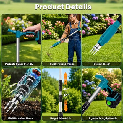 Electric Stand Up Weed Puller Tool with Long Handle, Lightweight & Portable Design, Total 4000 mAh Batteries, Adjustable Garden Weed Remover Tool For Lawn Yard, No Bending Grandpa's Weeder Tool