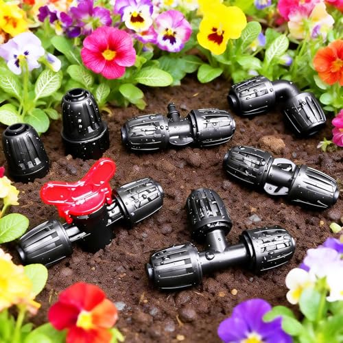 24 Pcs 1/2 Inch Drip Irrigation Fittings Kit, 1/2 Inch Drip Tubing (0.60"-0.65" OD) Parts Including 4 Tees 5 Couplings 4 Elbows 4 Reducing T 4 Plugs 2 Valves 2 Threaded Faucet Adapter - size: 1/2 inch Fittings