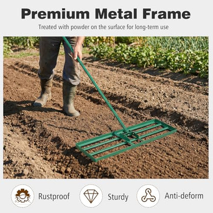 36" x 10" Lawn Leveling Rake, Heavy Duty Landscape Rake with 69" Handle, Non-Slip Grip & Flat Head, Space-Saving Lawn Level Tool for Garden, Backyard, Golf Course & Sports Field (Green) - color: Green