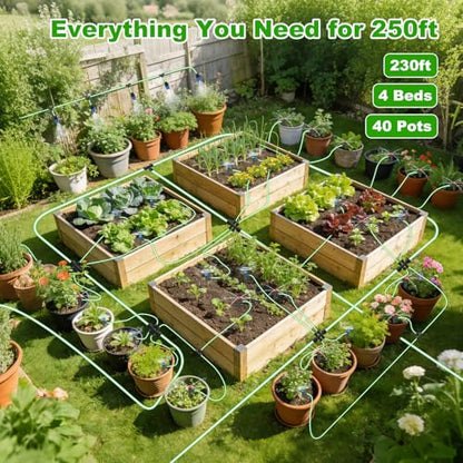 250FT Drip Irrigation System Kit New Quick-Connect, Automatic Garden Watering Misting System for Greenhouse, Yard, Lawn, Plant with 5/16 inch Hose 1/4 inch Distribution Tubing and Accessories - size: 250FT