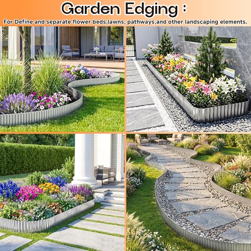 MTART Metal Garden Edging for Landscaping, Sturdy Corrugated Edging Border for DIY Flower Bed, Lawn and Landscape Edging (Silver, 6"×40Ft)