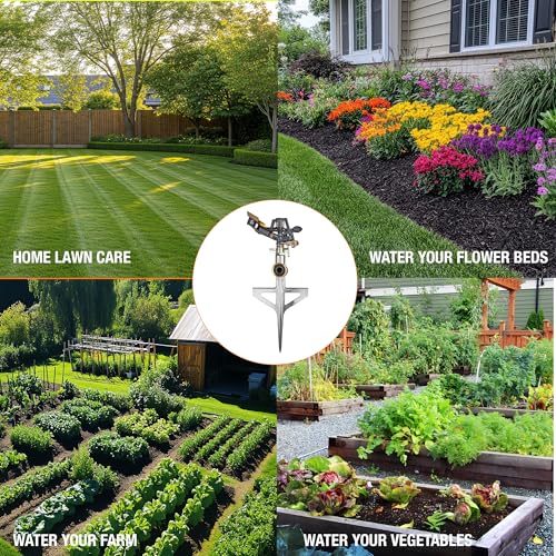Impact Pulsating Sprinkler 300009 on Metal Step Spike, 70 ft Diameter Reach, 360° Range Control to Cover up to 3,900 Sq Ft for Farm, Lawn and Garden Irrigation, by New England Garden Tools