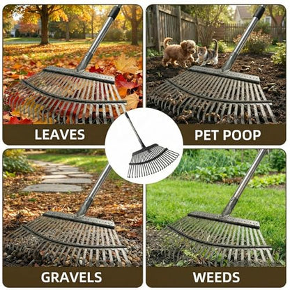 Metal Bow Leaf Rake with 25 Steel Teeth & 68" Stainless Steel Handle - size: 68-IN