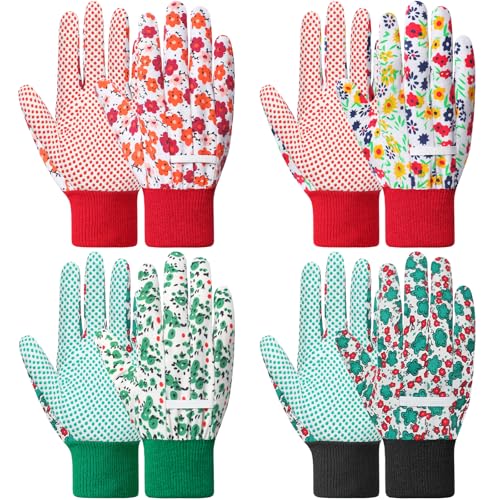 DOFOWORK Gardening Gloves, 4 Pair Floral Garden Gloves for Women with Dots - color: Green and Red