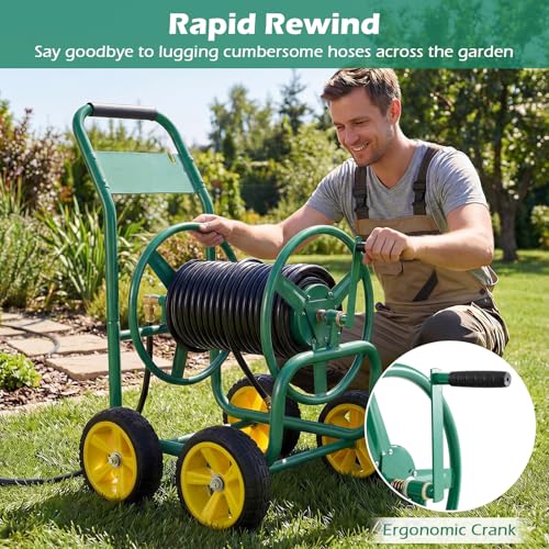 Garden Hose Reel Cart, Mobile Water Hose Cart with Heavy-duty Metal Frame & 4 Solid Wheels, Hold up to 330 ft of 5/8" Hoses, Outdoor Planting Tool for Lawn & Backyard (Green) - color: Green
